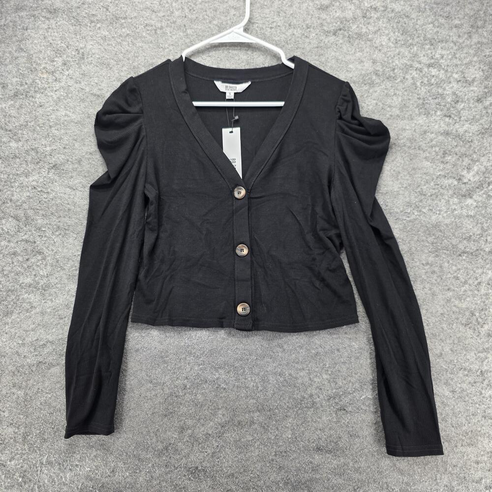 BB Dakota Button-Up Womens S Black V-Neck Puff Sleeve Cropped Knit Stretch